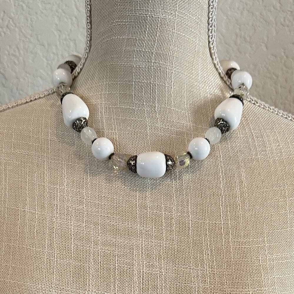 White Beaded Silver Tone Statement Necklace Boho Artisan Style